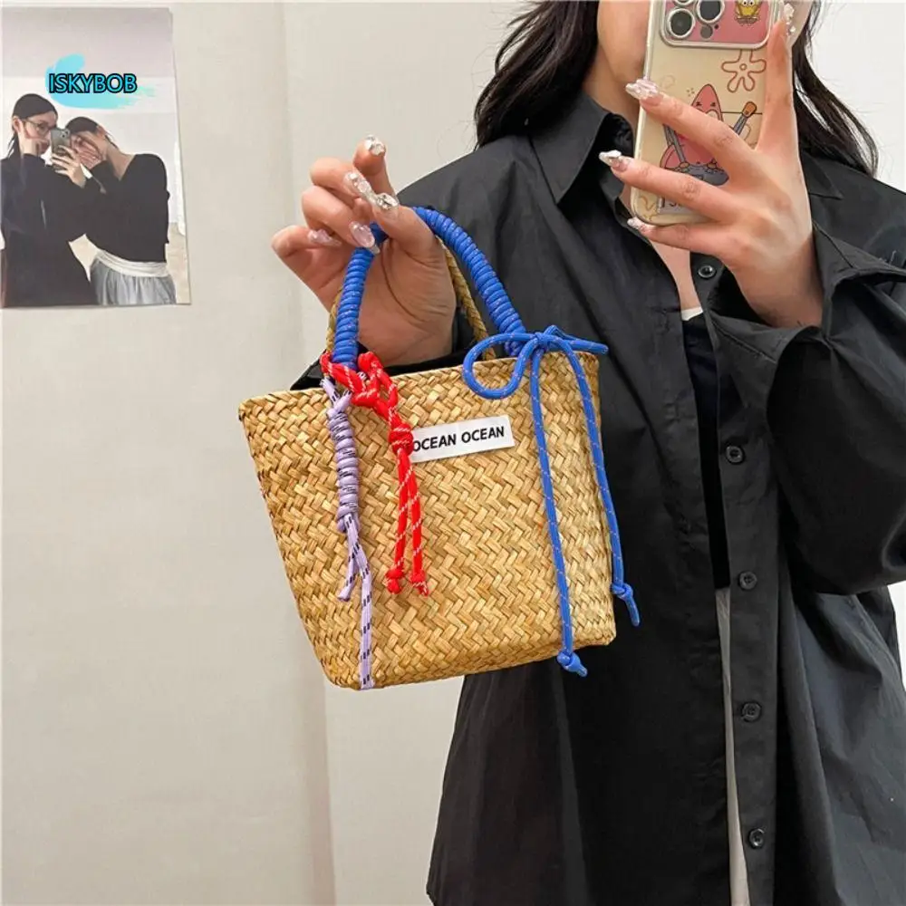 

Sweet Large Capacity Straw Basket Bag Nylon Rope Fashion Weave Tote Bag Simple Handmade Summer Beach Handbag Beach