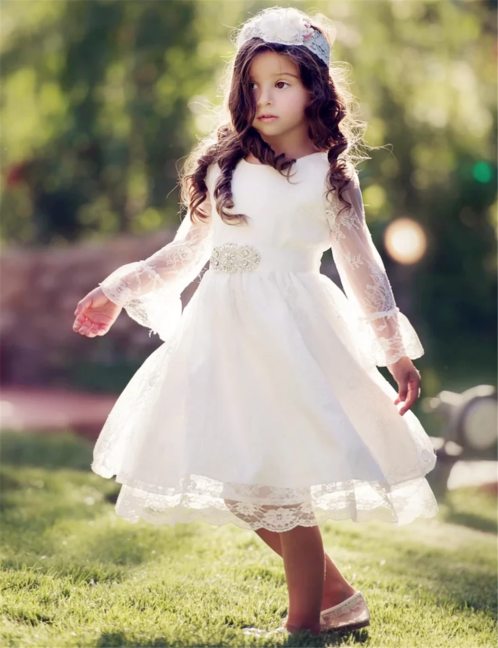 First Communion Gowns White Angel Flower Girl Dresses Tulle Lace Appliques Diamond Belt Long Sleeve For Wedding Kids Birthday