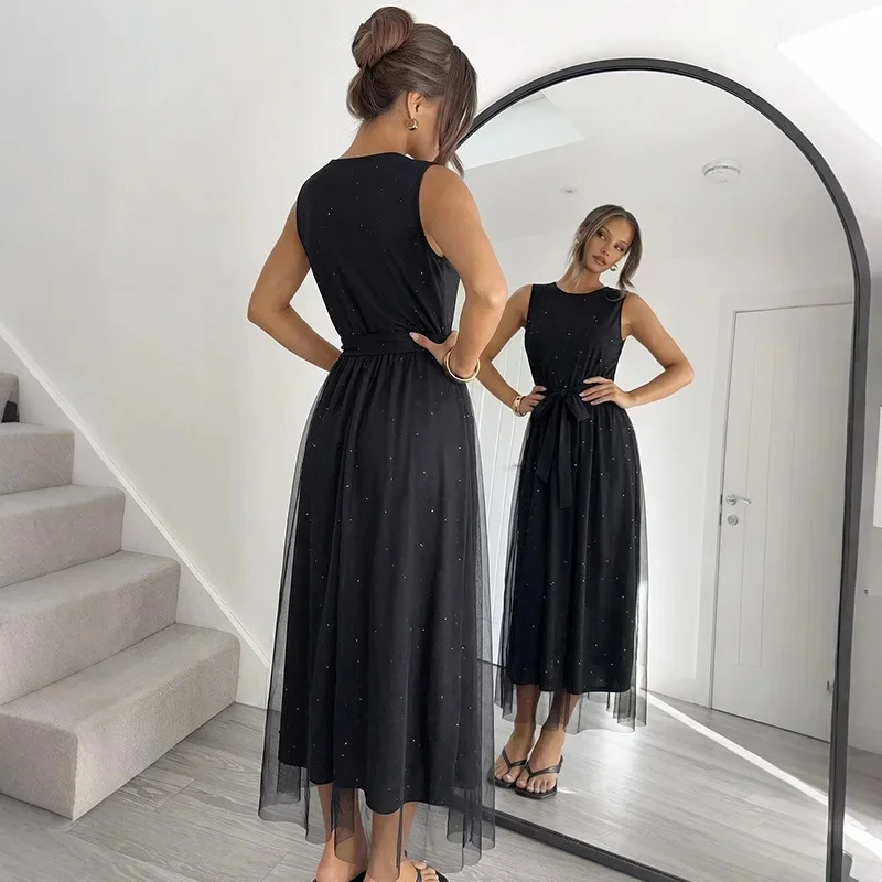  Summer New Women's Black Sparkle Star Tulle A-Line Maxi Dress Sleeveless O-Neck Waist Bow Belt Elegant Party Evening Gown