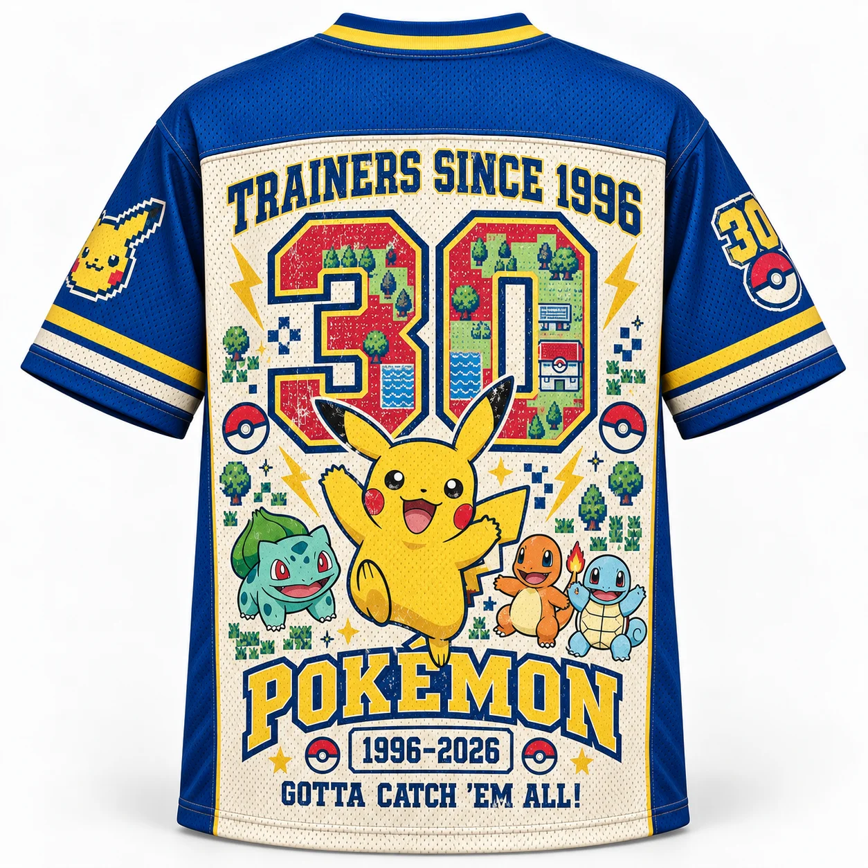 Pokemmo30th Anniversary Mesh Shirt Men's and Women's T-shirt Full Print Retro Anime Street Role Playing Top