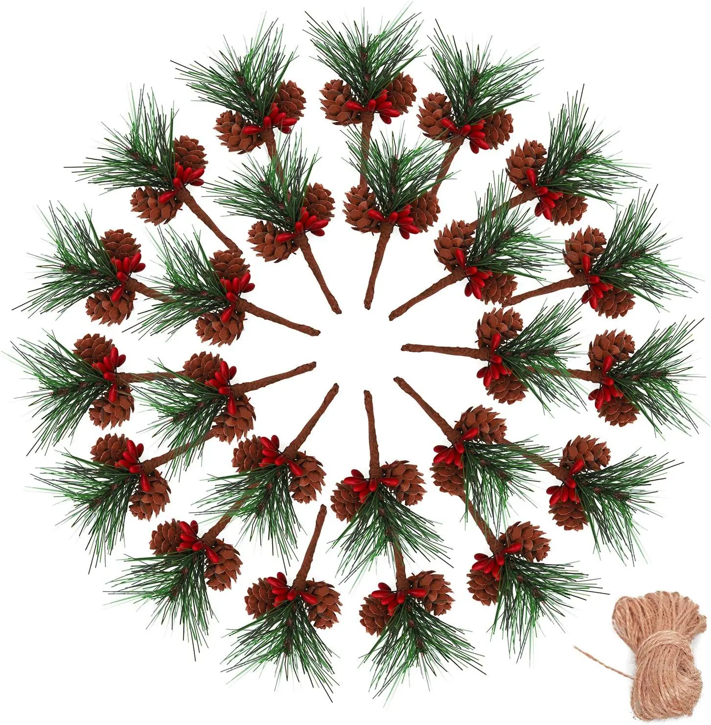 

24Pcs Christmas Artificial Pine Needles with Jute Twine - Xmas Decor for Tree, Wreaths, Gift Wrapping