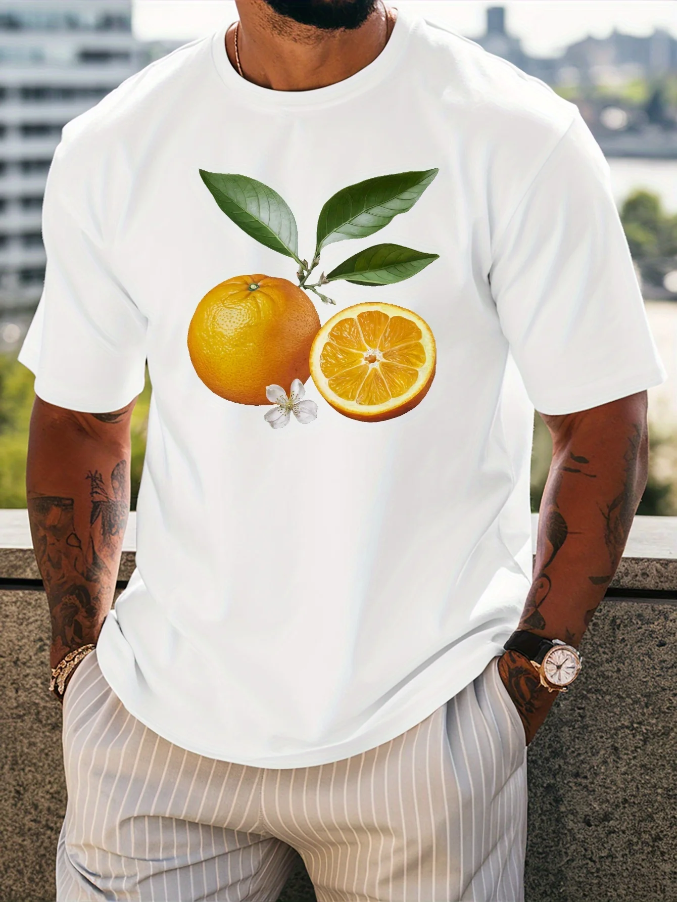Men Crew Neck Short Sleeve Tee Orange Fruit Bloom Leaf Graphic Print Casual Lightweight T Shirt Summer Daily Fashion Tops