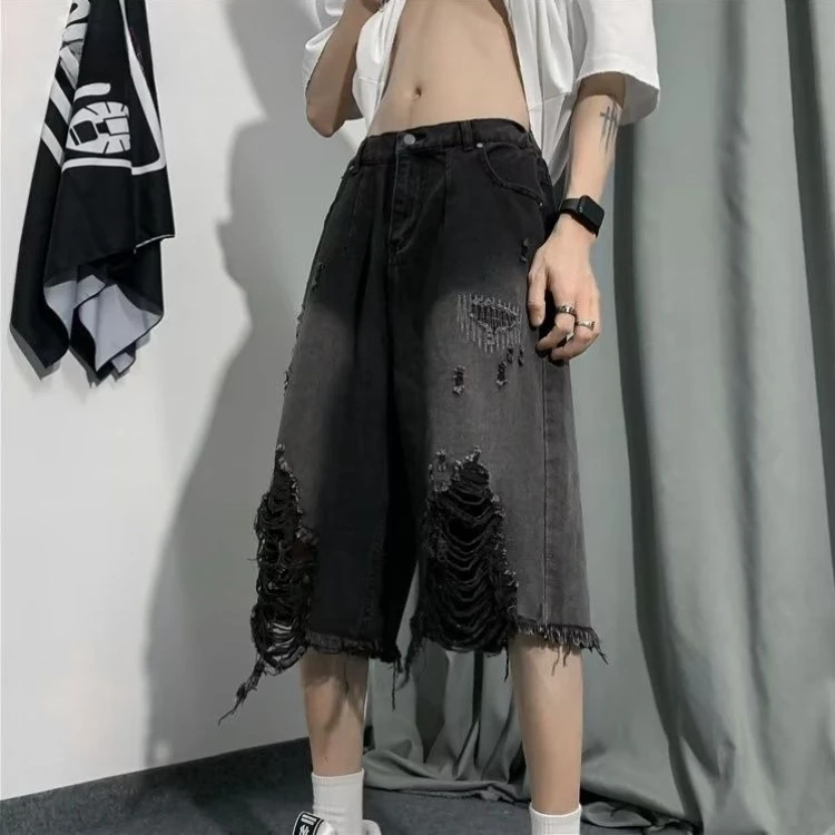 

Men's Ripped Denim Shorts for Summer Knee-Length Wide Leg American Vintage High Street Fashion Stylish Trendy Casual Wear