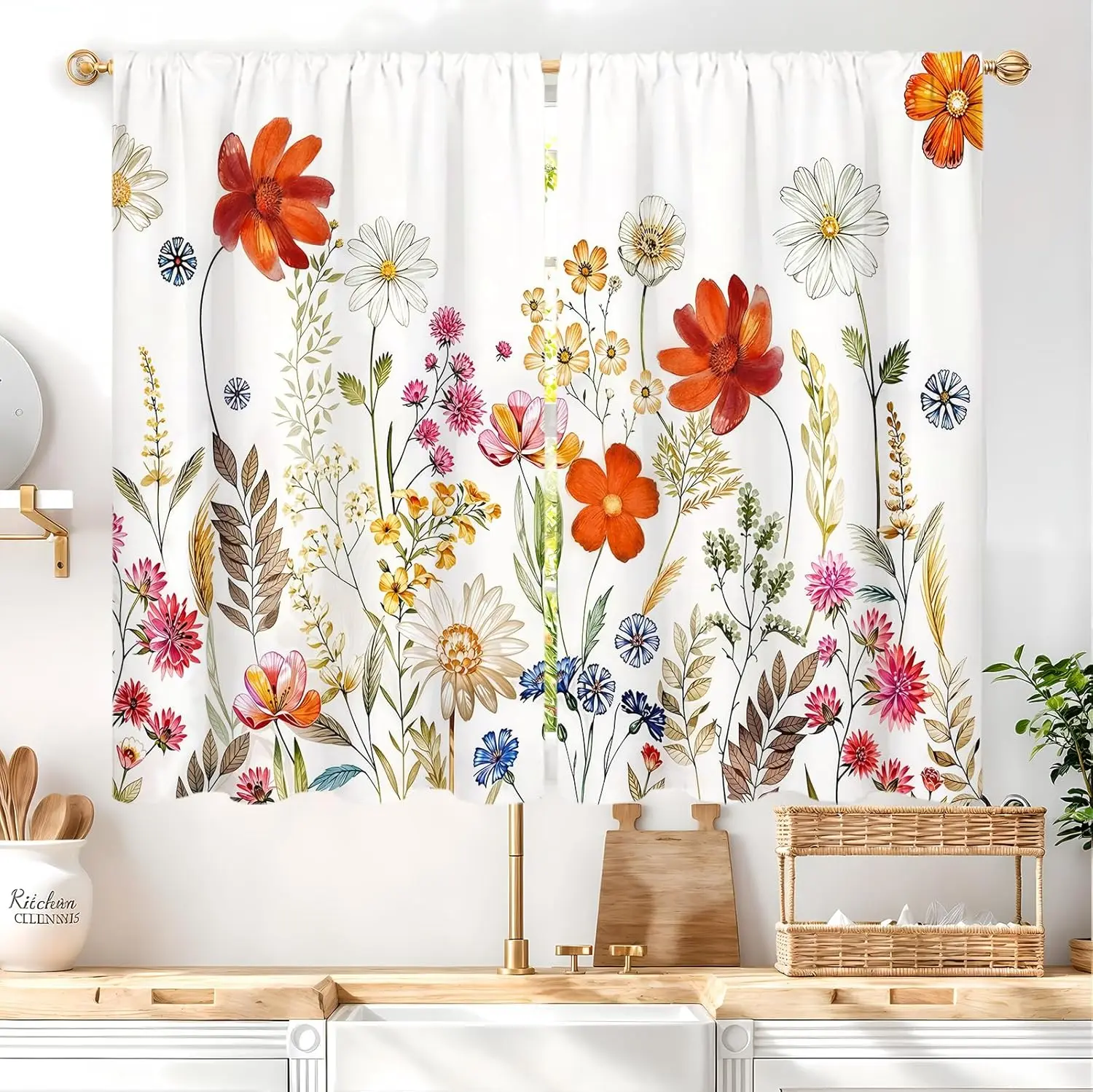 Red Floral Kitchen Curtains 2 Panels Watercolor Cute Flower Wildflower Small Short Cafe Tier Curtains Spring Summer Colorful