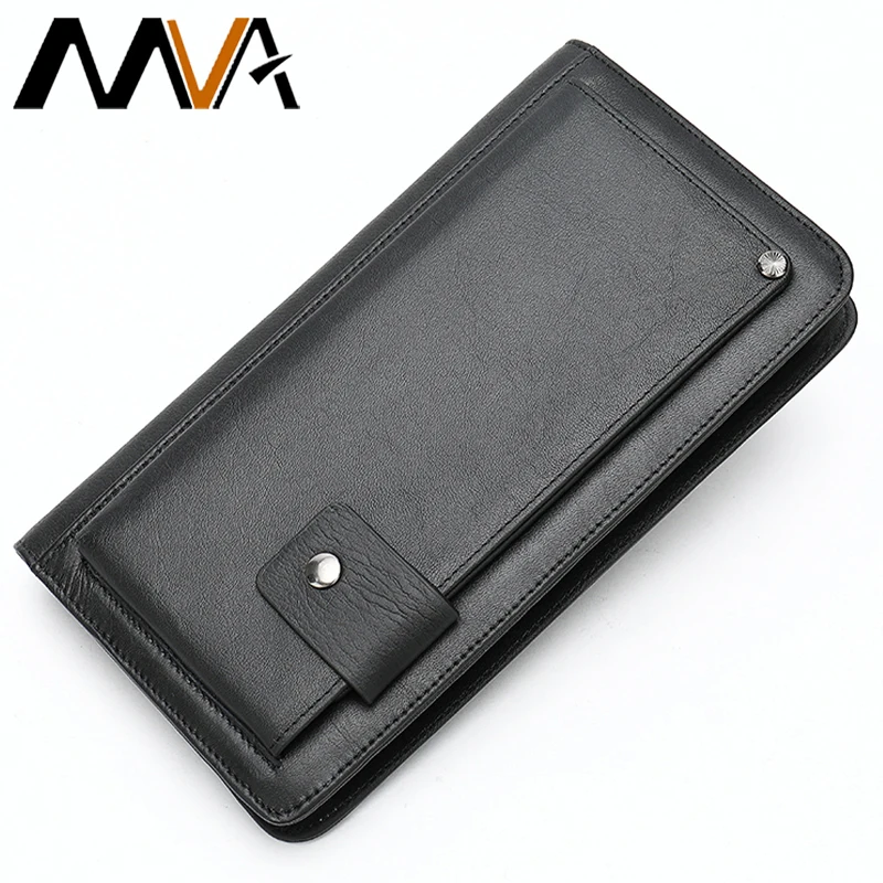 MVA Men's Leather Clutch Wallet European Fashion Long Business Big Capacity Bifold Cowhide  Male's Purse ID Card Photo Holder