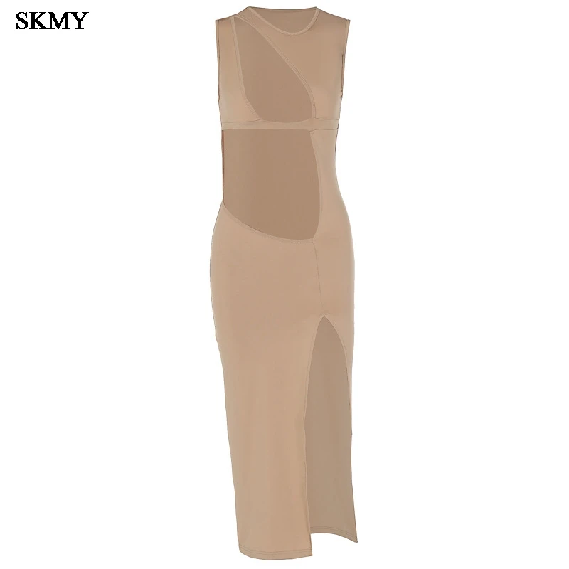 SKMY Sexy ärmellose, aushöhlen, elegante Kleider für Damen, schmale Passform, Schlitzkleider