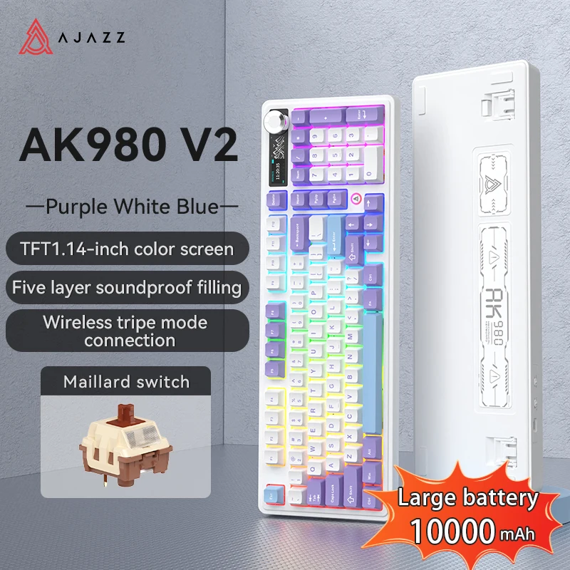 AJAZZ AK980 V2 PRO 98 Layout Gasket Mechanisch Toetsenbord, 10000mAh Lange Batterijduur, Full-key Hot-swap, TFT Display & Knop, 8K Polling Rate, RGB Verlicht Gaming Toetsenbord