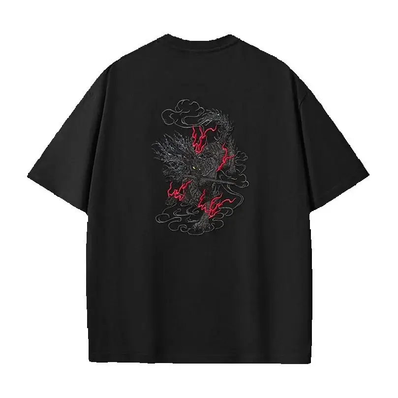 260g Heavy T Shirt Men Cartoon Qilin Embroidery Cotton Top Tee Summer Oversize Loose Male TshirtA1