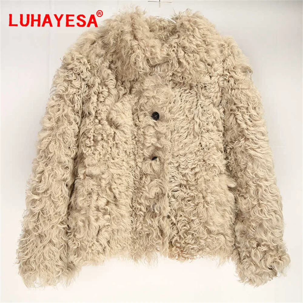 2024 Spain Tuscany Lamb Fur Coat Women Winter Beige Real Fur Clothing Genuine Sheepskin Fur Jackets