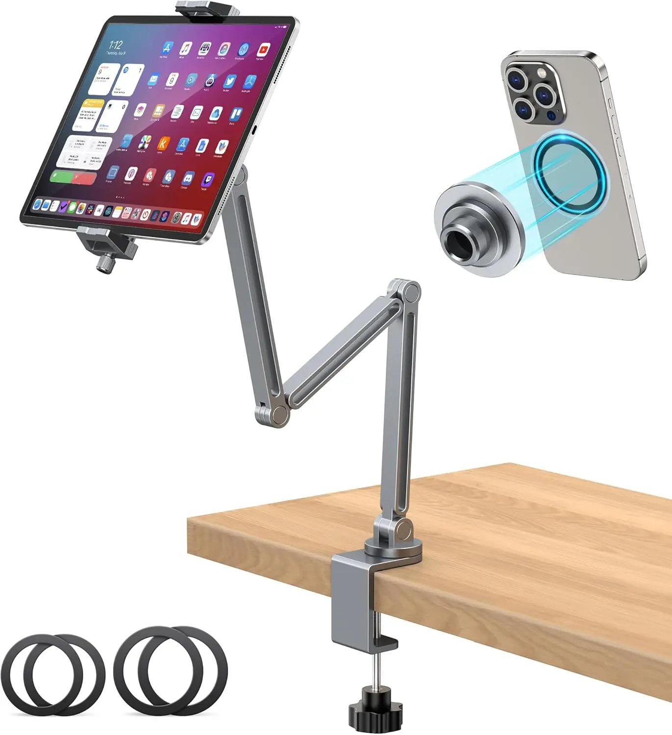 

2-in-1 Adjustable Tablet Stand with Clamp & Magnetic Head, Fits 4.7"-13" iPads, Galaxy Tabs & Phones for Desk or Bed Use