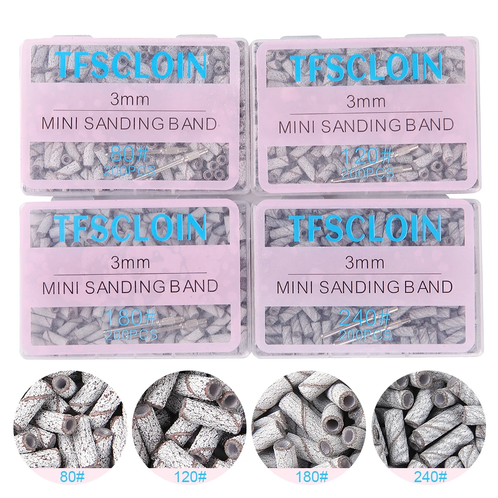100/200PCS 3mm Nail Sanding Bands Set with Mandrel - 80/120/180/240 Grit Sandpaper For Nail Drill Bit  Manicure Pedicure Salon