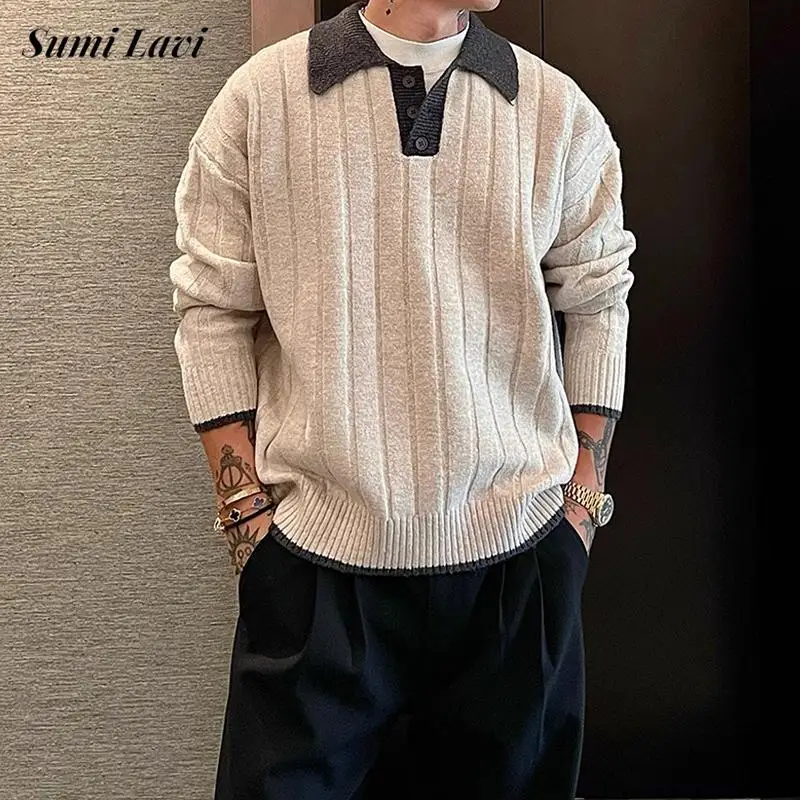 Trendy Contrast Color Patchwork Polo Sweater Men Clothing Long Sleeve Knitting Jumper Tops Mens Fall Winter Casual Knitted Polos