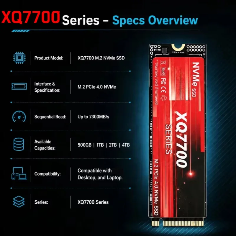 XQ7700 2TB 4TB SSD M.2 NVMe Internal Solid State Drive High Speed 7300MB/S,PCIe 4.0 Drive Works for Laptop PC Hard Disk
