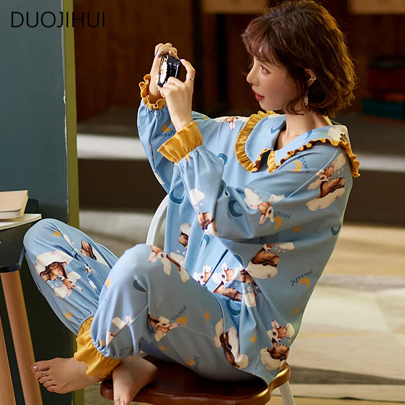 Duojihui süß blau Winter zweiteilige weibliche Nachtwäsche neue Basic Print Cardigan Mode einfache Hose lässig nach Hause Pyjama für Frauen