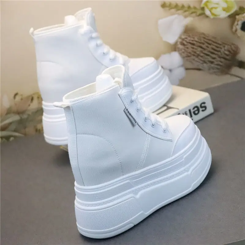 high-top lace-up small increase and slim 10cm leisure canvas shoes with super high heels and 12cm