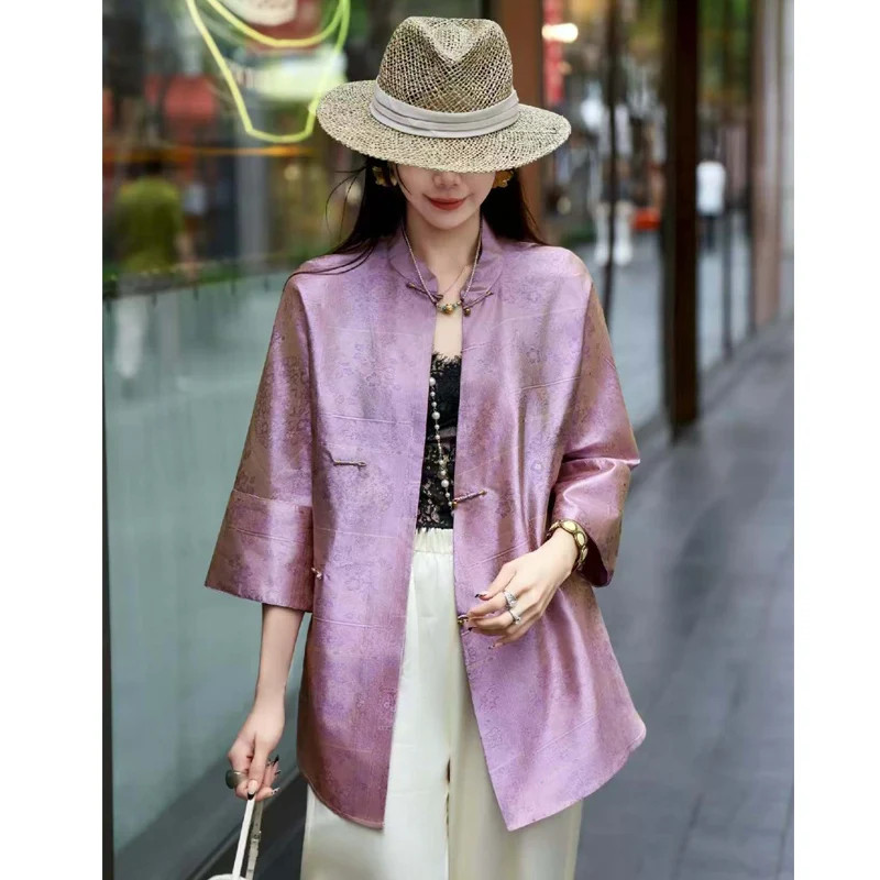 Spring New Small Standing Collar Rayon Jacquard Fabric Three-Quarter Sleeve Handmade Button Loose Women's Jacket S-XL