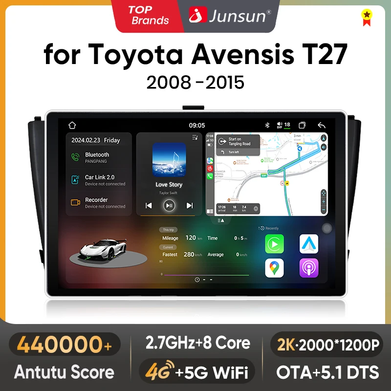 Junsun V3 Plus 2K Wireless CarPlay Android Auto Car Intelligent Systems For Toyota Avensis T27 2008-2015  Multimedia autoradio