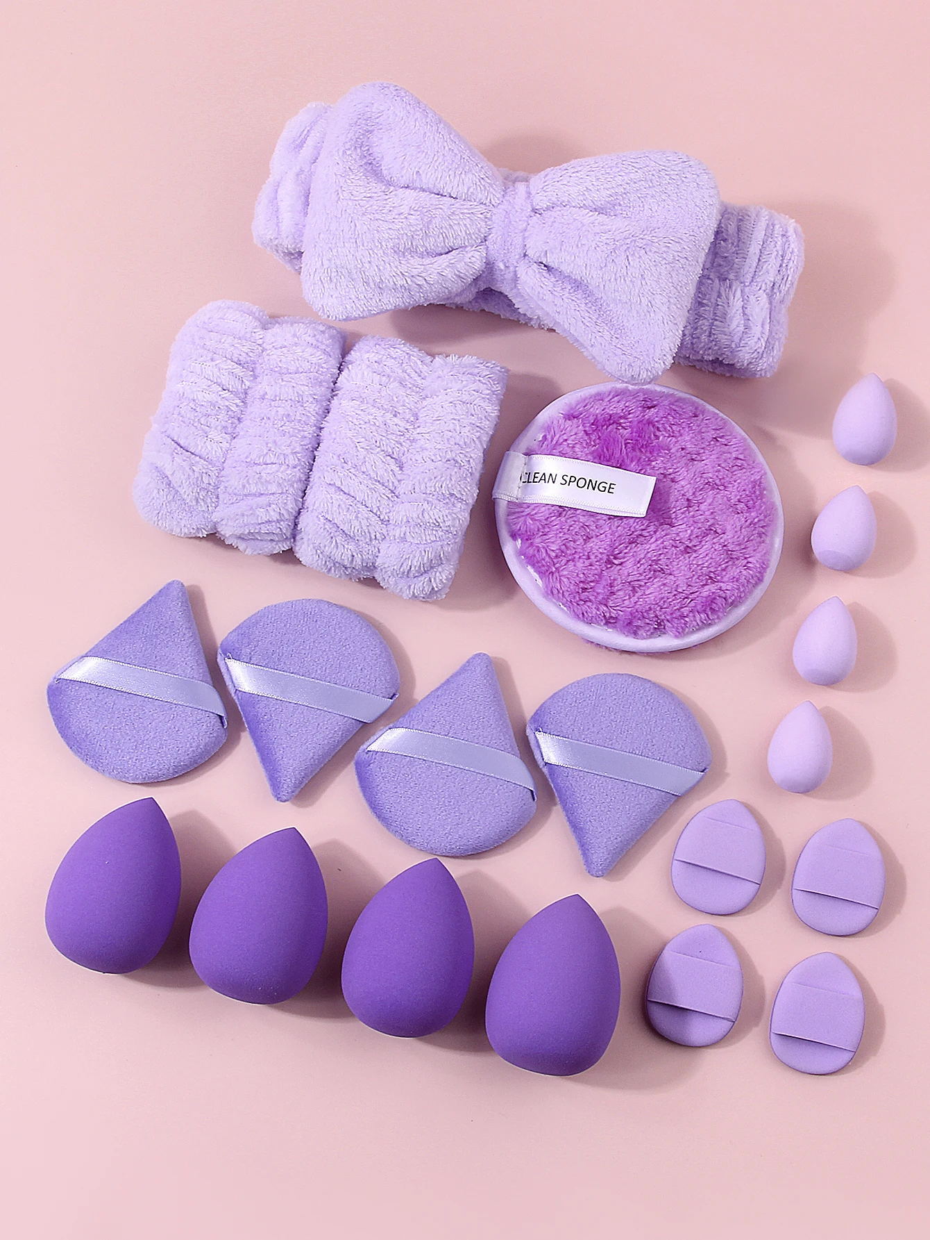 Headband Set. 1 Hair Band & 2 Wrist Bands & 4 Make-Up Sponges & 8 Mini Puff & 4 Triangular Powder Puff & 1 Makeup Remover Puff