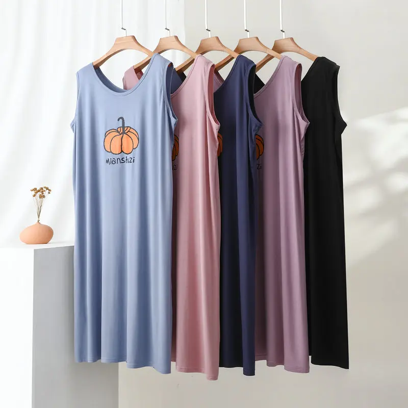 Soft Modal Night Clothes Nightie Loose Summer New Sleeveless Pajamas Dress Women's Print Nightgown One Piece Ladies Home Wear 3