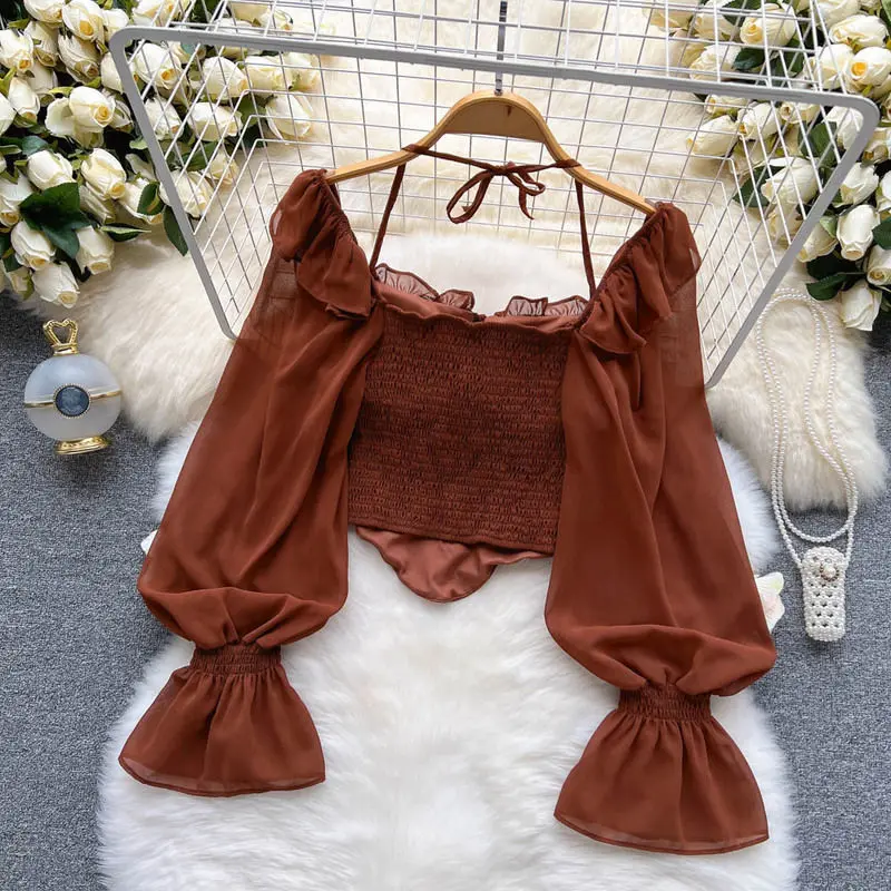 White Blouses Women Aesthetic Solid All-match Vintage Casual Ladies Tops Slim Schoolgirls Spring Bandage Lantern Sleeve Clothing