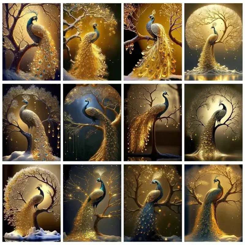 

853335 Acrylic Painting By Numbers Handmade Paint Kit Golden Peacock For Adults Coloring By Number Gift