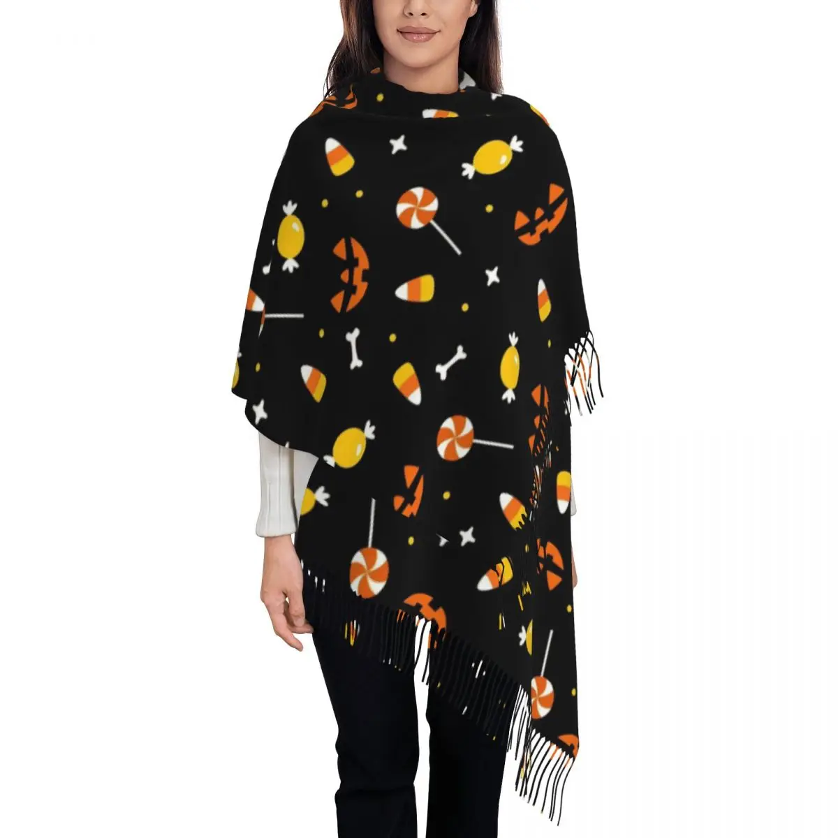 Womens Tassel Scarf Horror Pumpkin Halloween Single-sided Pattern Winter Warm Shawl and Wrap Candy Daily Wear Pashmina Scarves