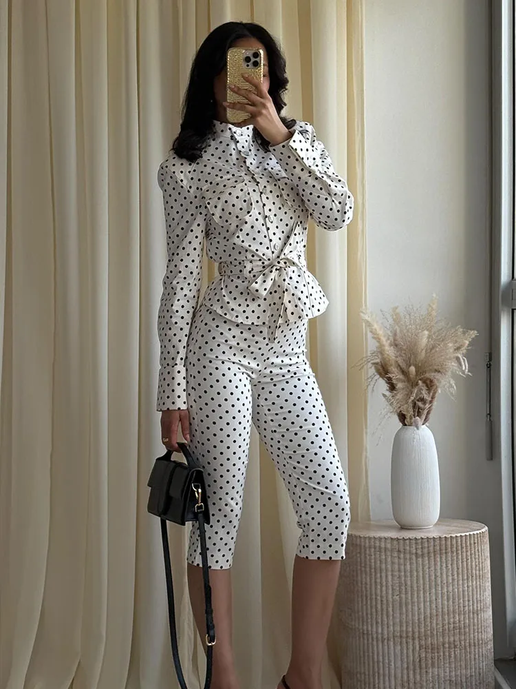HH Women Elegant Single Breasted Pocket Belt Decoration Polka Dots Shirt Style Jacket+High Waist Capri Pants 2 Piece Set