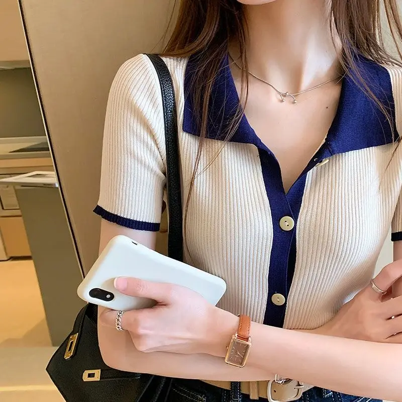 Retro Contrasting Color Fashion Simple Cardigan Short Sleeved Summer New Polo Collar Slim Fit Temperament Lady Elegant T-shirt