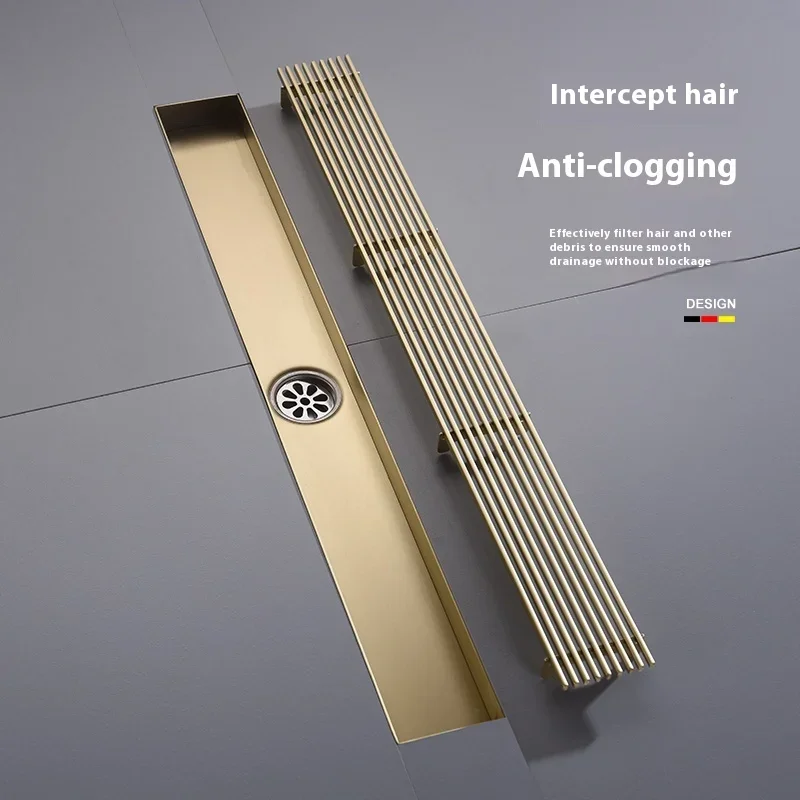 

20-60cm Golden Bamboo Row High-End Bathroom Shower Floor Drain Six-Proof Grille Extended Linear Stainless Steel Long Floor Drain