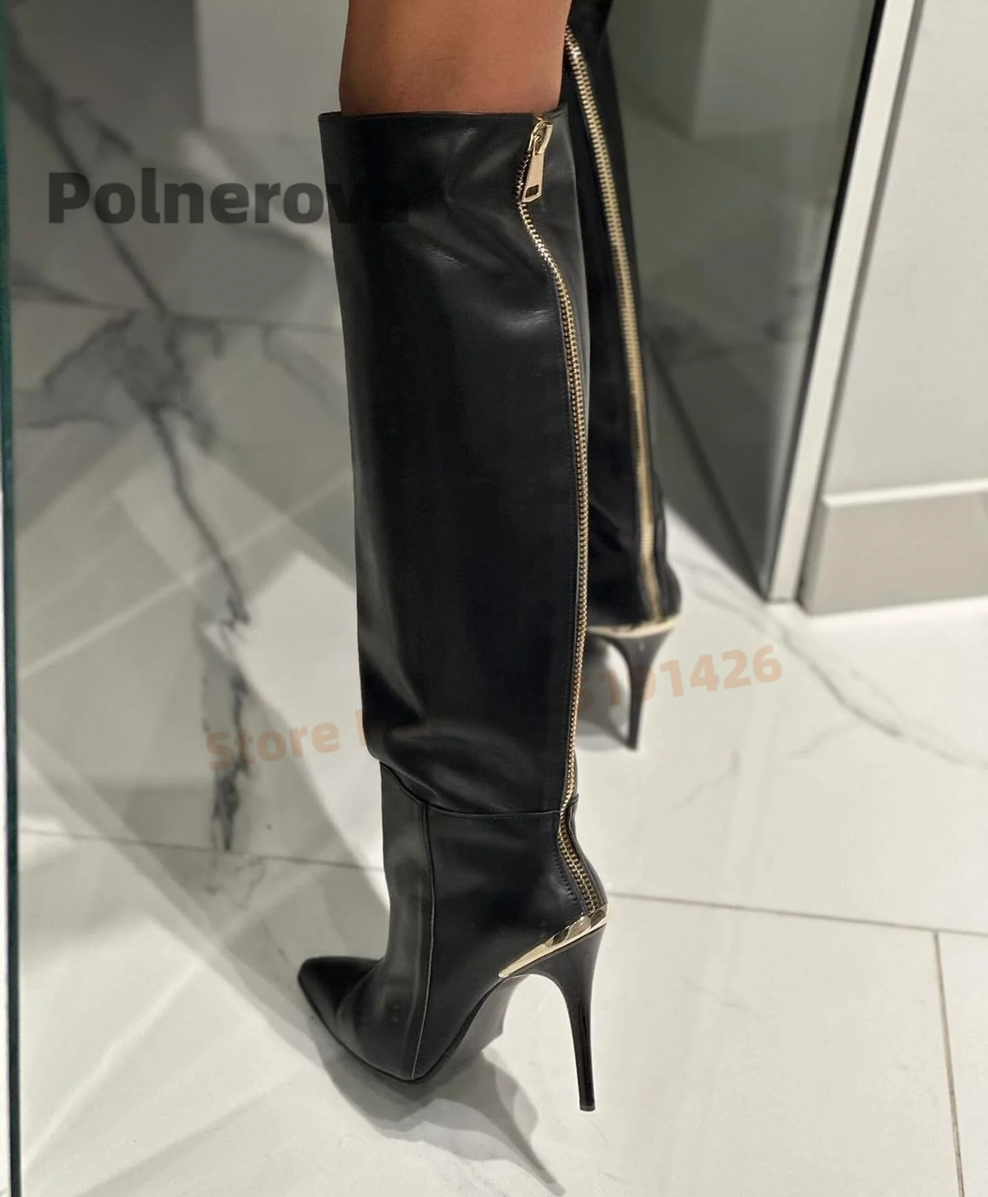 Back Zipper Long Boots Women Pointed Toe Stiletto High Heels Knee High Boots Sexy Black Leather Chain Metal Decor Winter Shoes