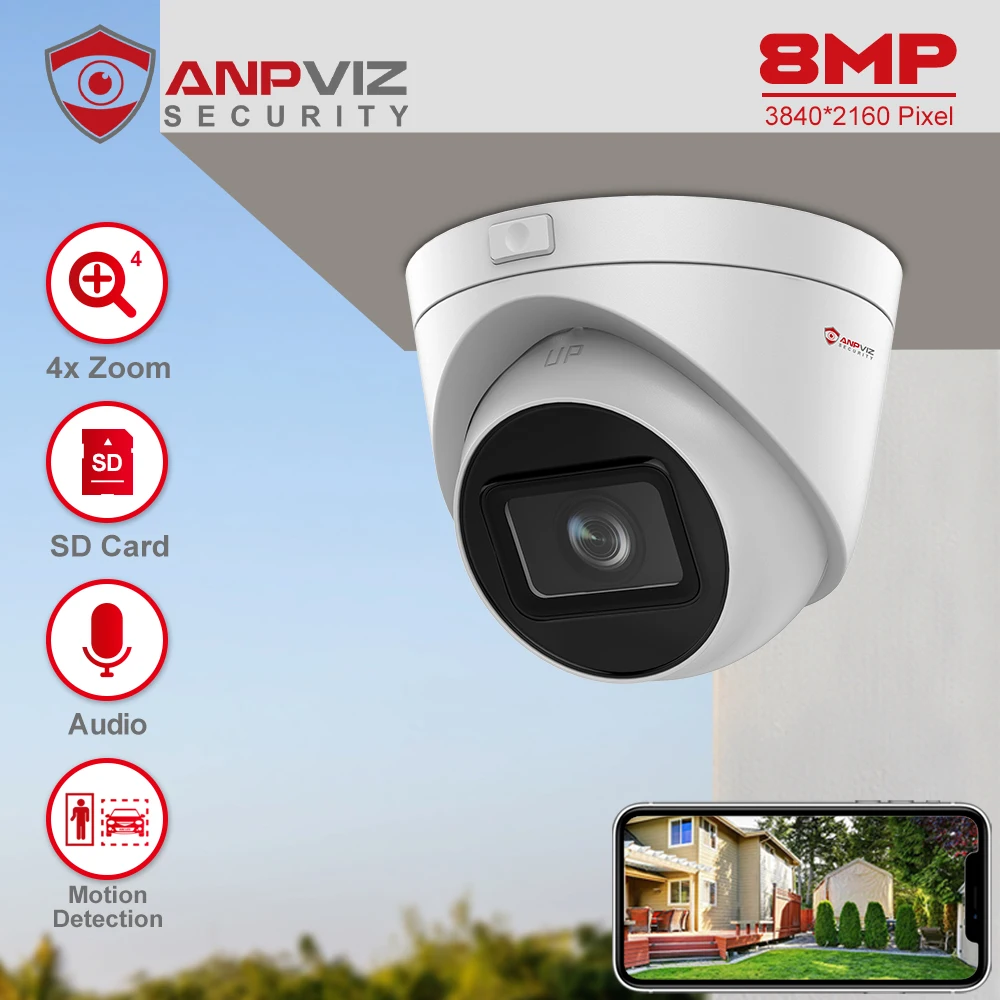 

Anpviz Turret 5MP PoE IP Camera 4X Optical Zoom Human Vehicle Detection IR Night Vision 2.8~12mm Len Built-in Mic120 dB WDR IP67