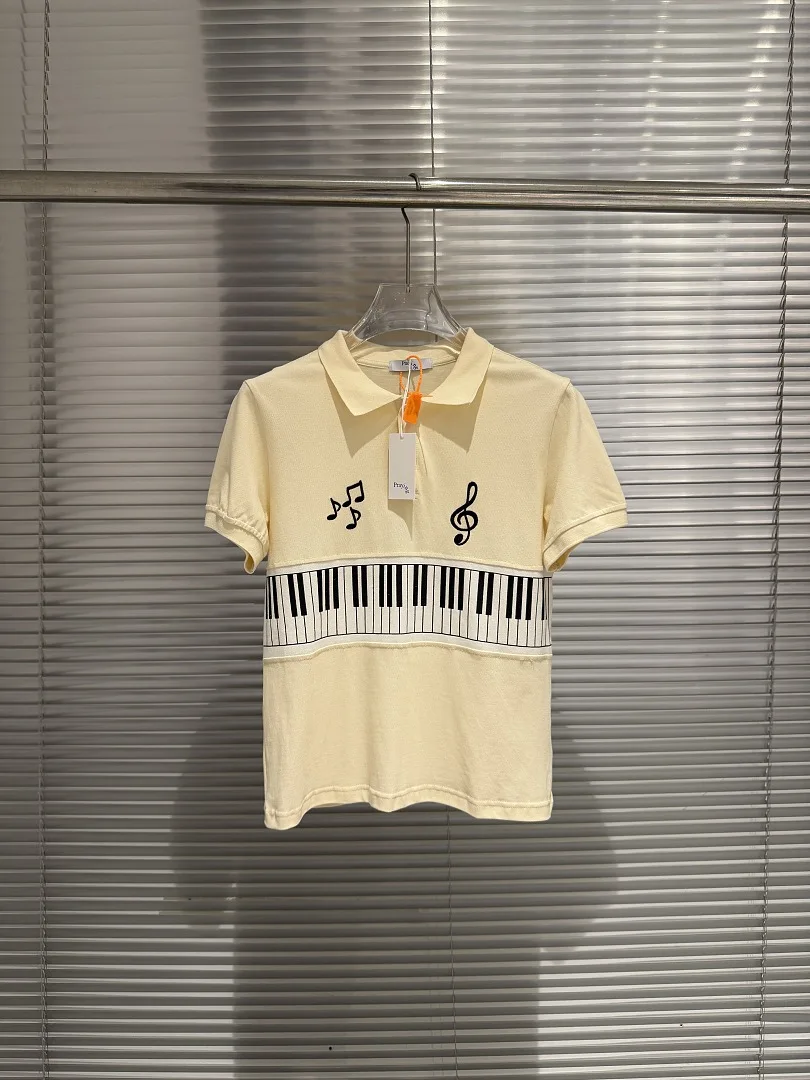 2026 Top Version Praying Piano Notes Embroidery Women Men Turn Down Collar T shirt Men Casual Cotton T shirt Summer Tees
