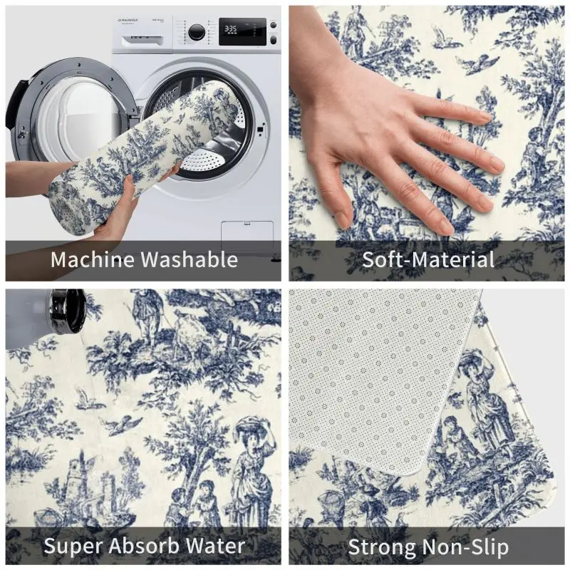 Personalized Vintage Toile De Jouy Doormat Mat Anti-Slip Navy Blue And White Kitchen Bath Toilet Rug Carpet 40*60cm