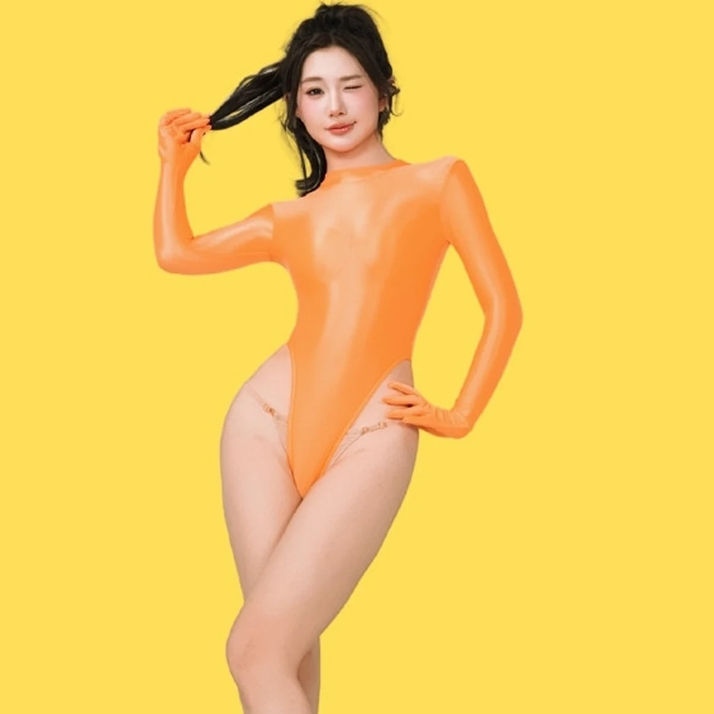 Damen Sexy Glänzender Elastischer Bodysuit mit Langen Ärmeln und Hohem Kragen, Einteiliger Badeanzug mit Hohem Beinausschnitt und T-Back, Einfarbige Cosplay-Strumpfhose – Detail 3