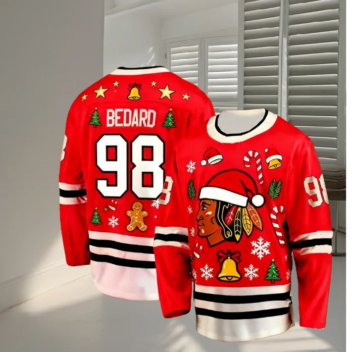 عيد الميلاد تحت عنوان BEDARD No.98 هوكي الجليد رجل جيرسي شيكاغو عيد الميلاد طبعة محدودة الهوكي جيرسي المشجعين هدية الكريسماس تي شيرت