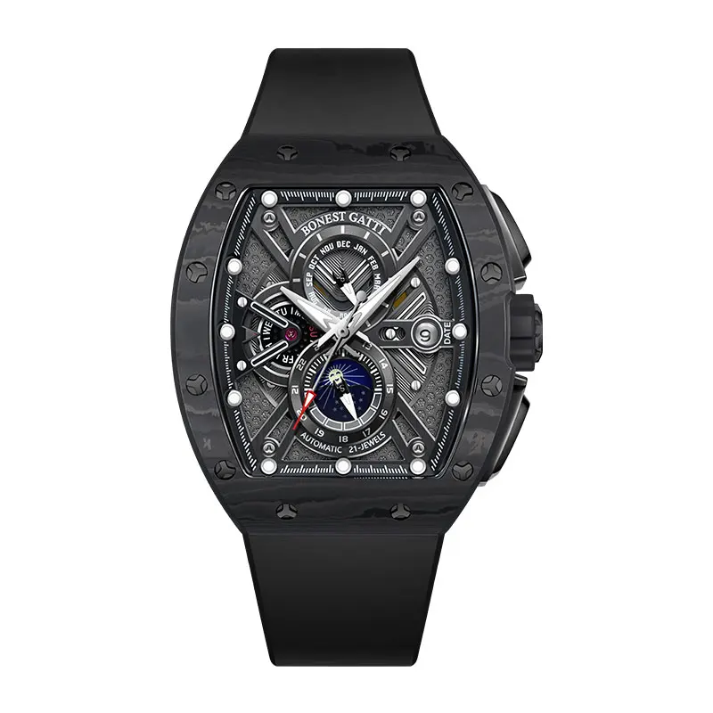 BONEST GATTI Lightweight Carbon Fiber Automatic Watch Men Waterproof Fluororubber Strap Sports Mechanical Wristwatch
