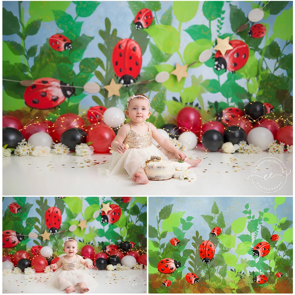 

Lovely Red Ladybug Photo Background for Children Birthday Cake Smash Photography Backdrop Kids Portrait Photo Studio Props