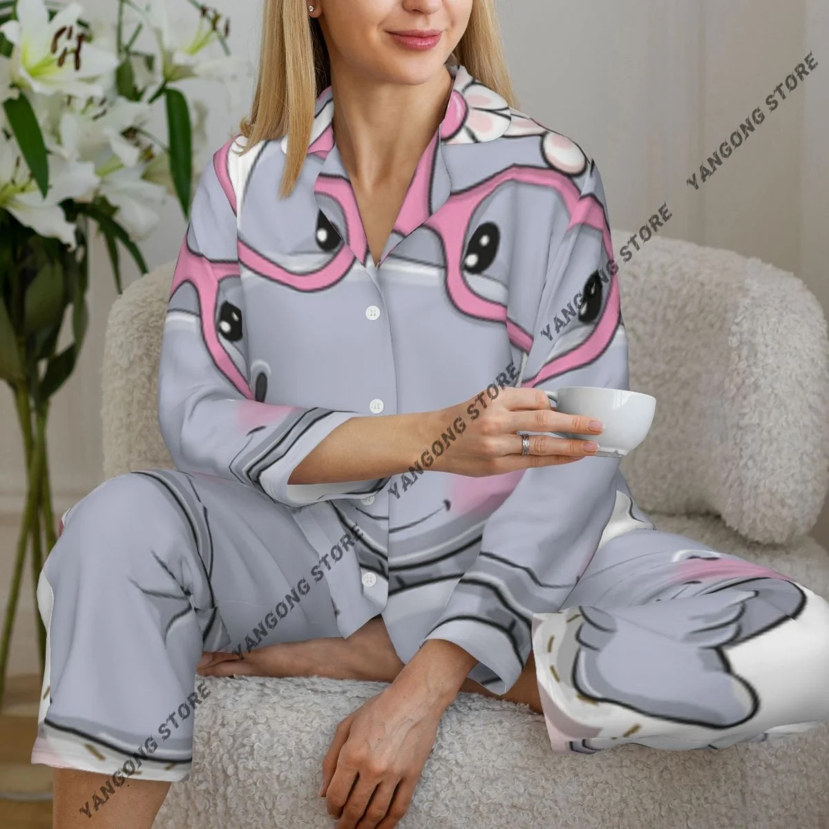 Spring and Autumn Pajama Set Women's Long Sleeve Pants Two Piece Cute Cartoon Hippo Girl In Pink Eyeglasses Home Furnishing Set