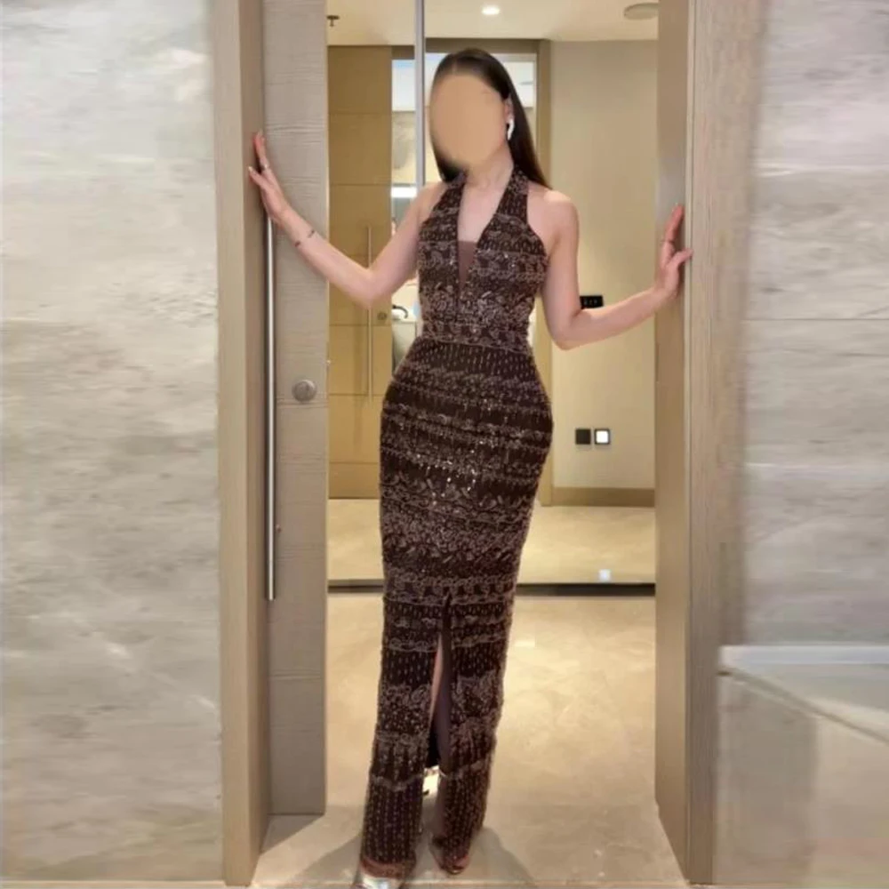 

Customized Halter Sequin Evening Dresses Beaded Straight Wedding Guest Outfit with Split Brown Wedding Party Dress