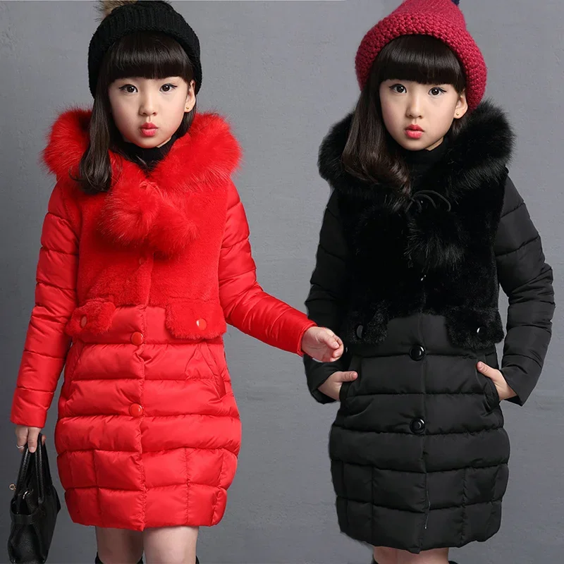 2024 Winter Warm Jackets for Girls 4 6 8 10 11 12 14 Years Old Fashion Fur Hooded Children Baby Outwear Kids Cotton Lined Parkas