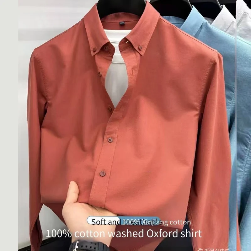 

100% Cotton Men Shirt Long Sleeve Casual Business Dress Shirt Soft Breathable Solid Color Button Down Oxford Shirts Male Tops