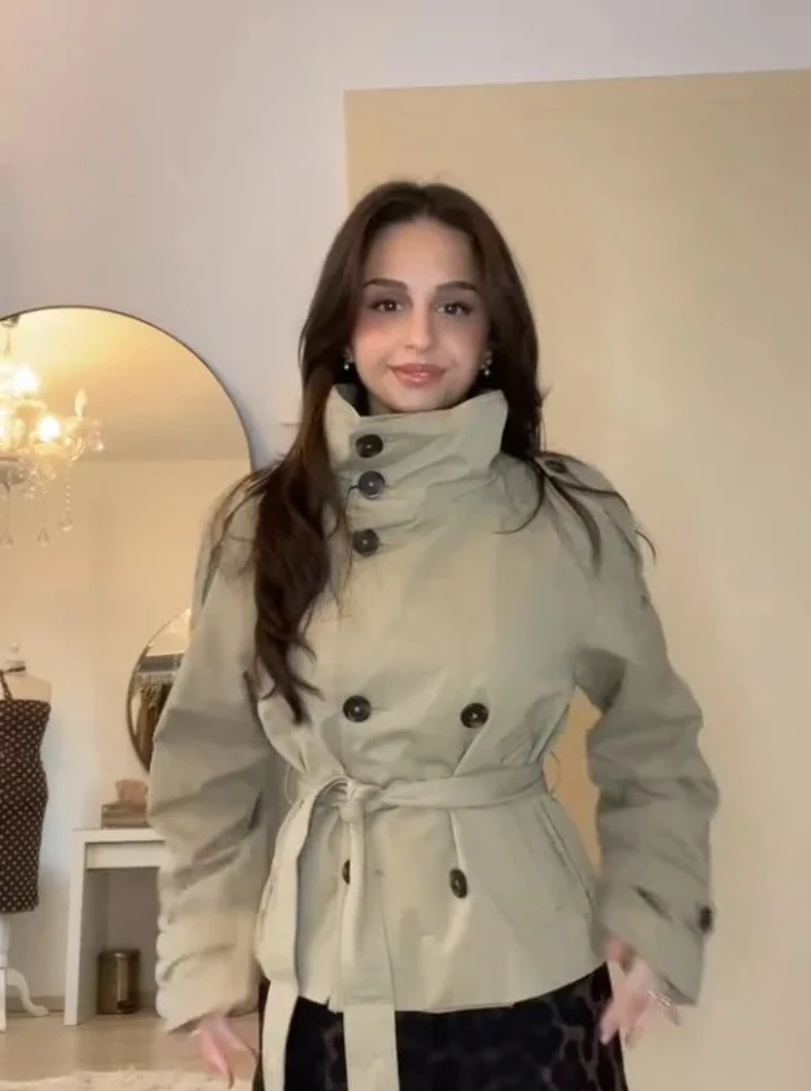 Trench corto da donna con cintura in vita |   Giacca vintage con colletto rialzato doppio petto |   Cappotti capispalla casual chic da donna