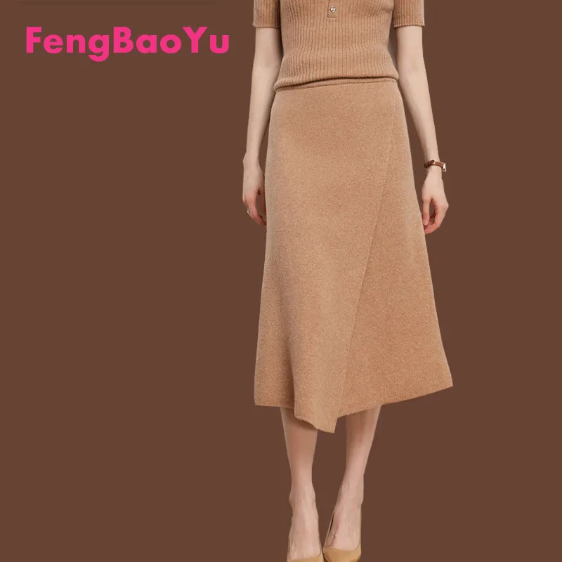 Fengbaoyu 100% cashmere skirt Autumn Winter Black Wool Female Wrap Hip Split Irregular High Waist Knitted Skirt Free Shipping