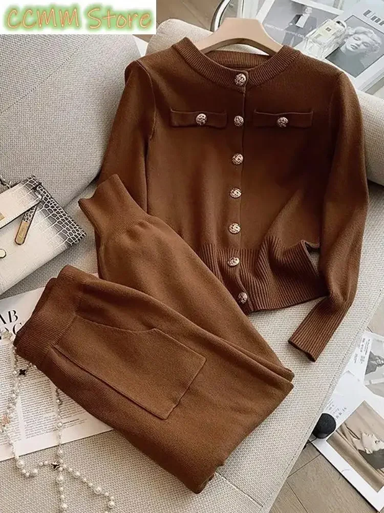 

New High Quality Casual Knitted Two Piece Set Women Outfits Single Breasted Cardigan Sweater Jackets Trousers Suits Tracksuits
