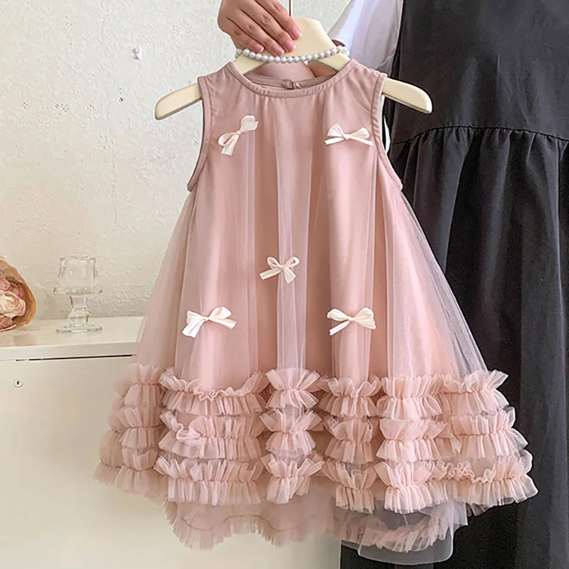 

Princess Dress Summer Girls Sleeveless Three-Dimensional Bow Mesh Skirt Children's Lace Dress Gauze Skirt Birthday Party Daily