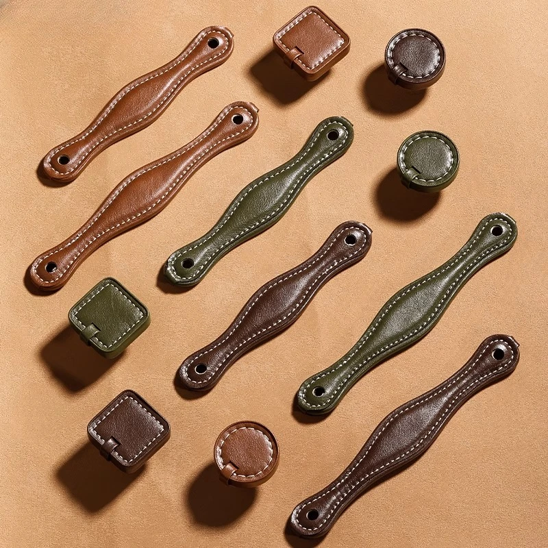 Genuine Leather Cabinet Pull Knob Mid-Century Single Hole Drawer Handle Retro Handcrafted Door Handle French Home Decor Hardware