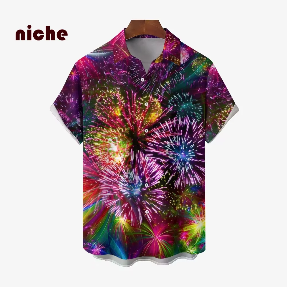 Men's Shirt Casual Color Smudge Contrasting Color Fireworks Print Hawaiian Vacation Style Polo Collar New Trendy Short Sleeves