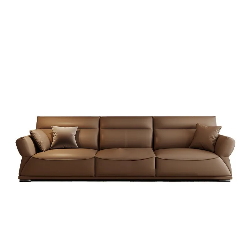 Italian Modern Silicone Microfiber Leather Sofa for Living Room Three-Seater High Back Straight Row First Layer Cowhide Leather