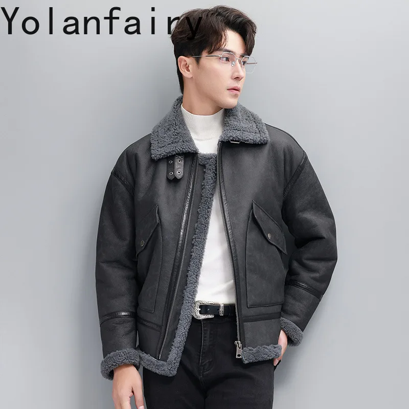 YOLANFAIRY Natural Sheepskin Shearling Coat Men Genuine Leather Jacket Warm Winter Real Lamb Fur Coats and Jackets Outerwear view 2