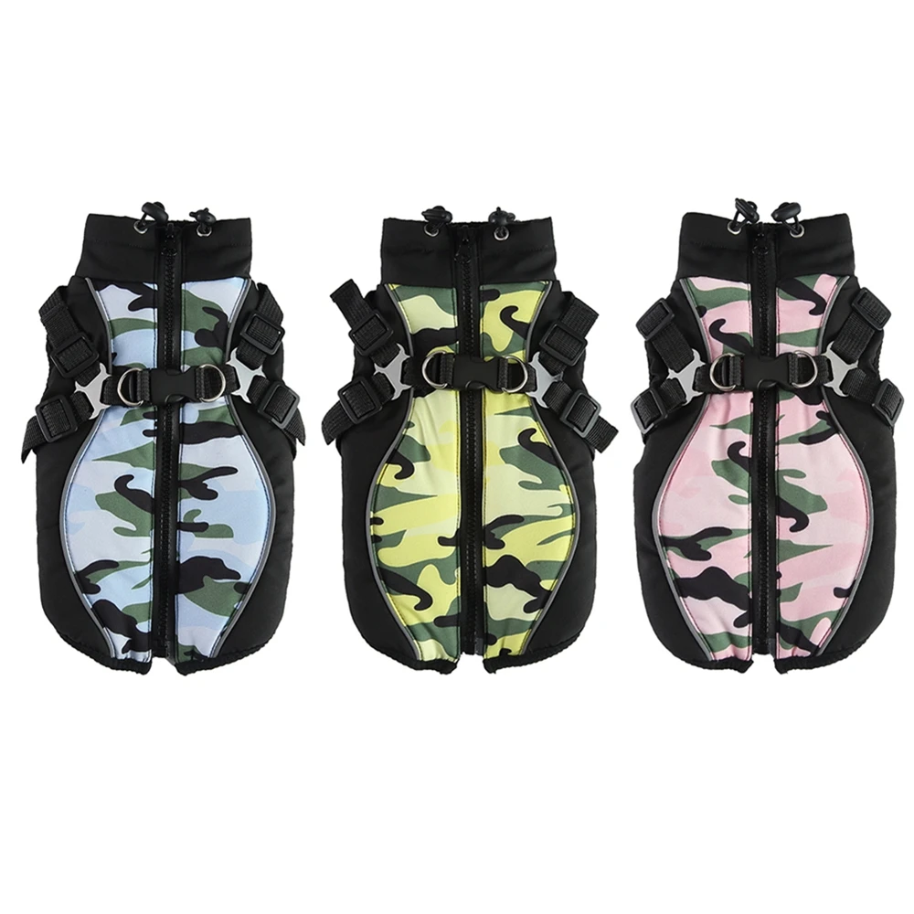 Winter Pet Dog Clothes Fashion Camo Printed Coat for Small Medium Dogs Windproof Dog Jacket with Harness Warm Pets Clothing